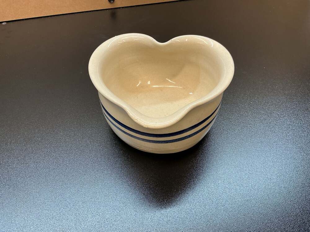 Marshall Pottery Heart Shaped Stoneware Bowl With Blue Stripes Signed